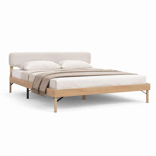 Cadre de lit double beige et chêne clair en bois massif avec tête de lit rembourrée 160 x 200 cm