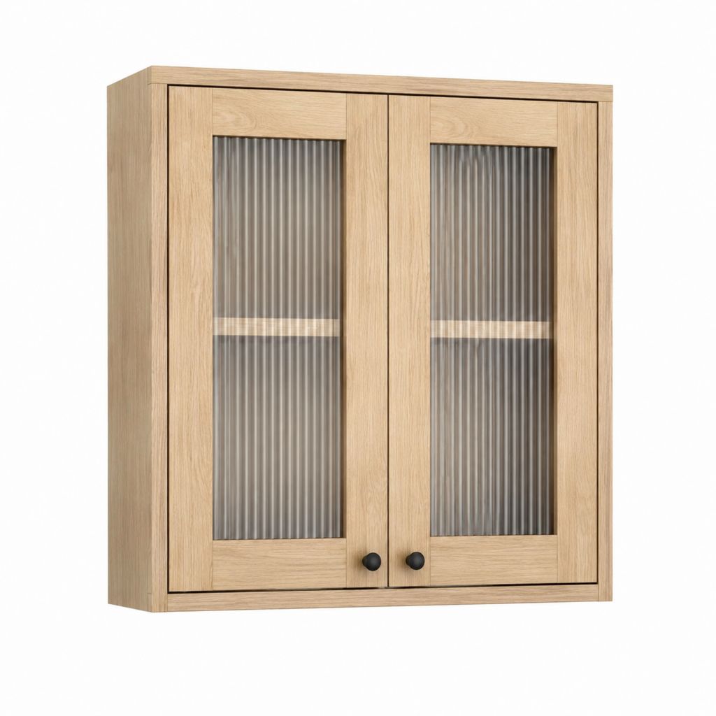 Armoire de salle de bain murale à 2 portes chêne clair MDF et verre strié 60 x 70 x 15 cm