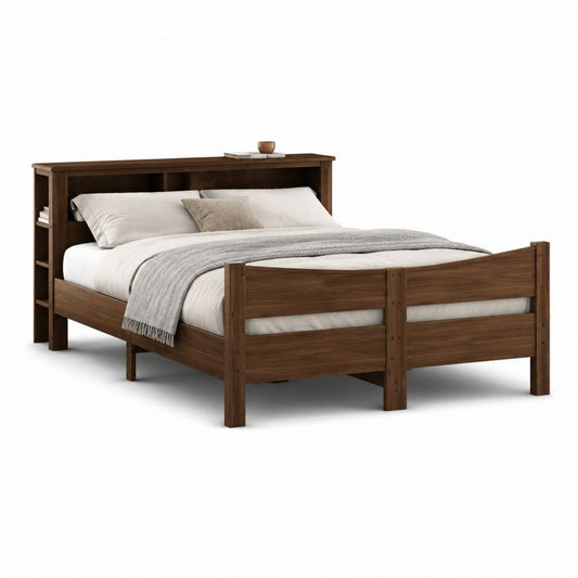 Lit double avec rangement marron en bois massif 160 x 200 cm 170 x 215 x 110 cm