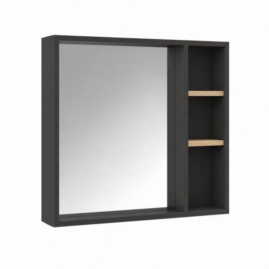 Miroir de salle de bain mural noir avec étagères décor chêne en MDF et verre 80 x 60 x 12 cm
