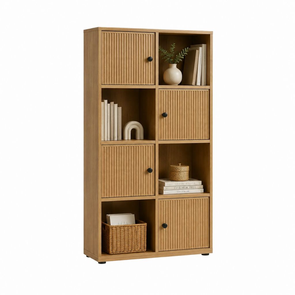 Bibliothèque de rangement 4 portes 4 niches ouvertes effet chêne 80 x 30 x 180 cm