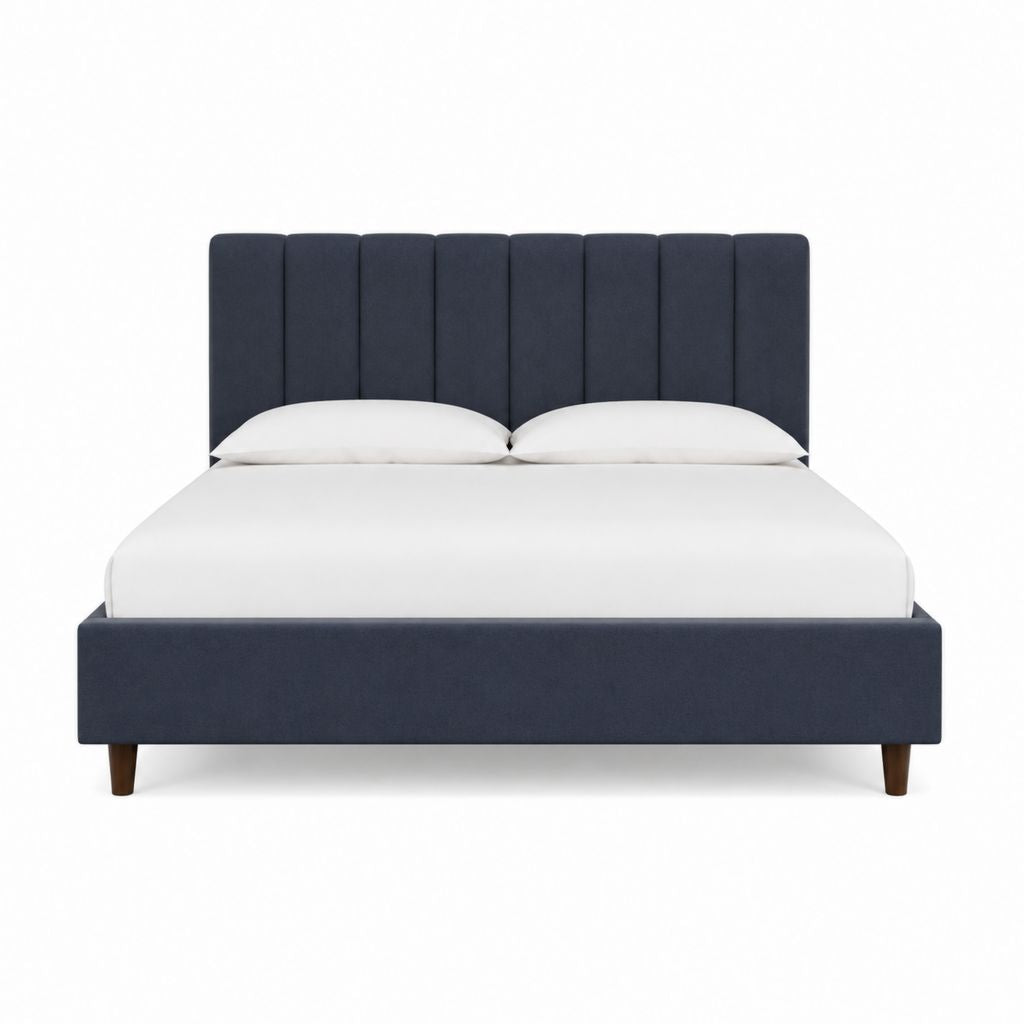 Lit adulte 160 x 200 cm bleu nuit en polyester avec tête de lit capitonnée