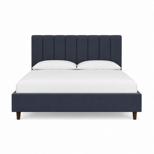 Lit adulte 160 x 200 cm bleu nuit en polyester avec tête de lit capitonnée