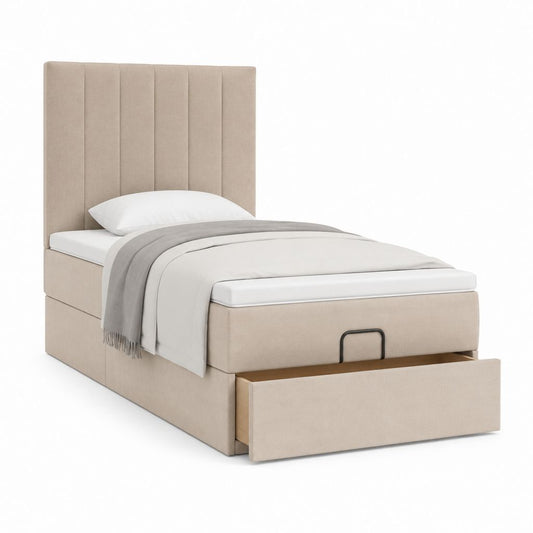 Lit simple capitonné beige en polyester avec tiroir de rangement 90 x 190 cm