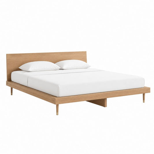 Lit double 160 x 200 cm chêne clair en panneaux MDF plaqués chêne avec tête de lit