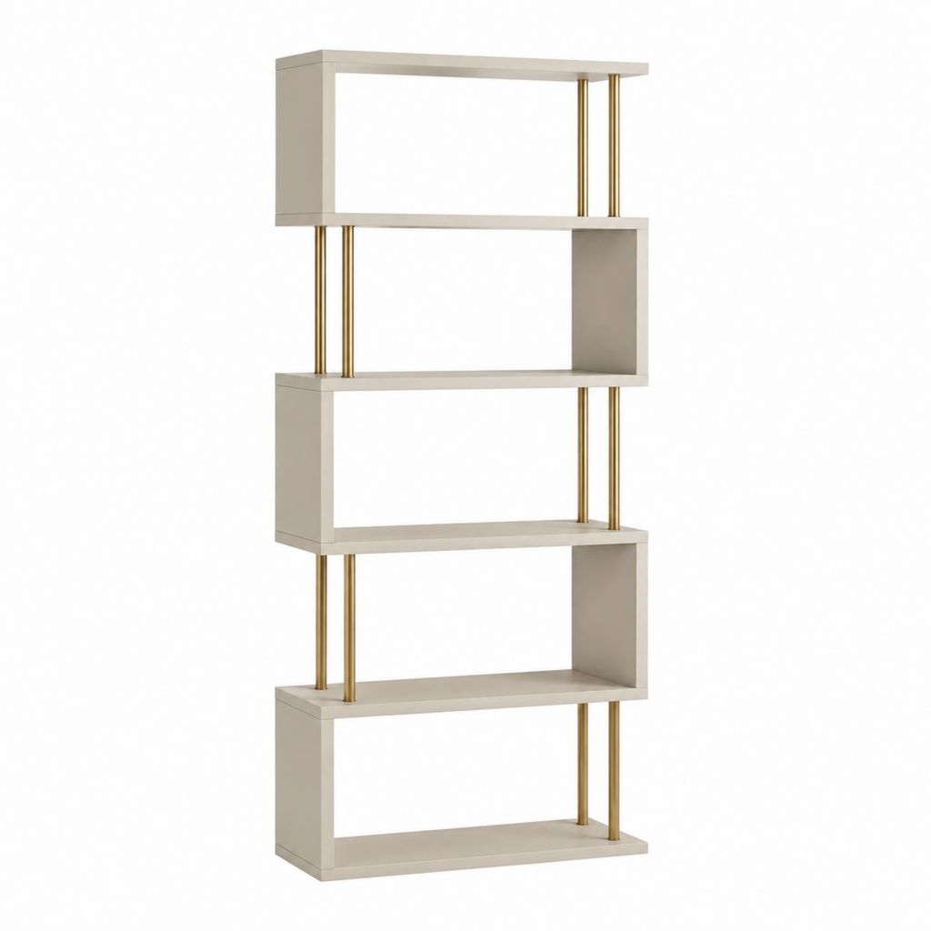 Bibliothèque ouverte 5 niveaux crème et doré en MDF et acier rectangulaire 80 x 30 x 180 cm