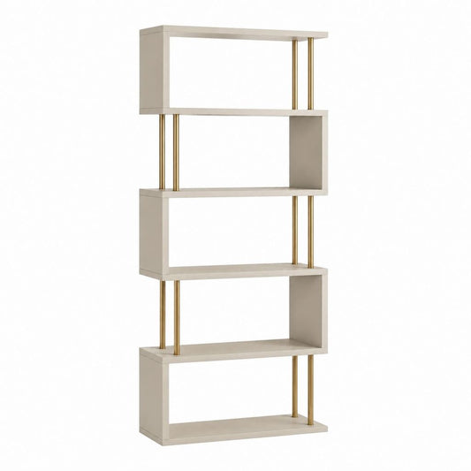 Bibliothèque ouverte 5 niveaux crème et doré en MDF et acier rectangulaire 80 x 30 x 180 cm