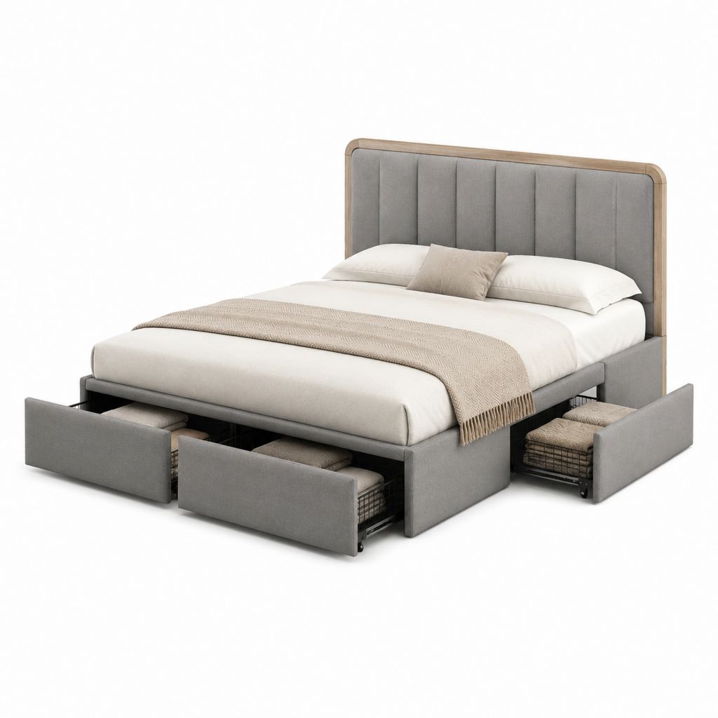 Lit double avec rangement gris en polyester et panneaux MDF 160 x 200 cm