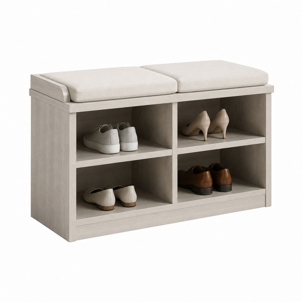 Banc à chaussures rectangulaire gris clair en panneaux de particules mélaminés avec assise à 2 coussins 100 x 35 x 50 cm