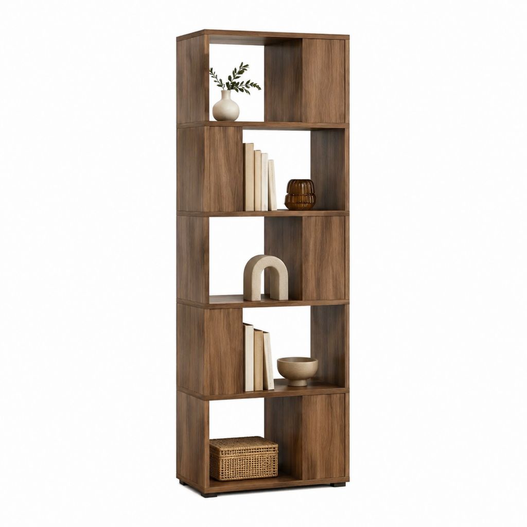 Bibliothèque haute 5 niches marron noyer en panneaux MDF 60 x 30 x 180 cm