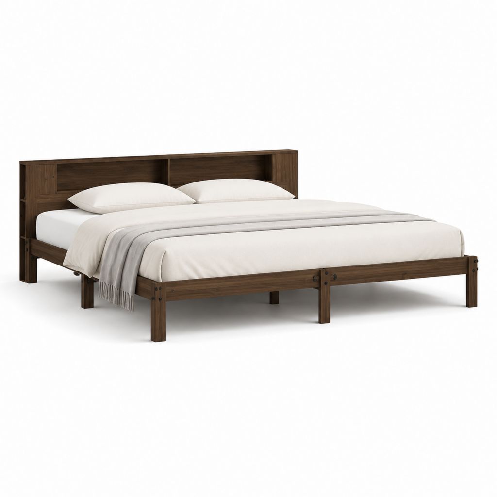 Cadre de lit double 160 x 200 cm brun foncé en bois massif avec tête de lit à niches